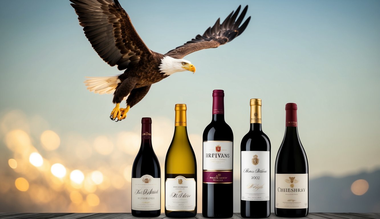 A display of five prominent wine bottles, each with distinct branding, arranged on a sleek, modern shelf