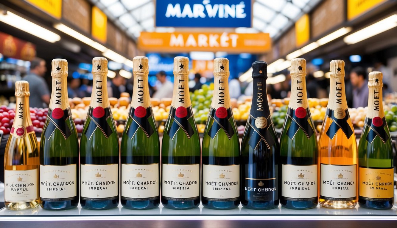 A lavish display of Moët & Chandon Imperial alongside other top wine brands, set against a backdrop of a bustling market