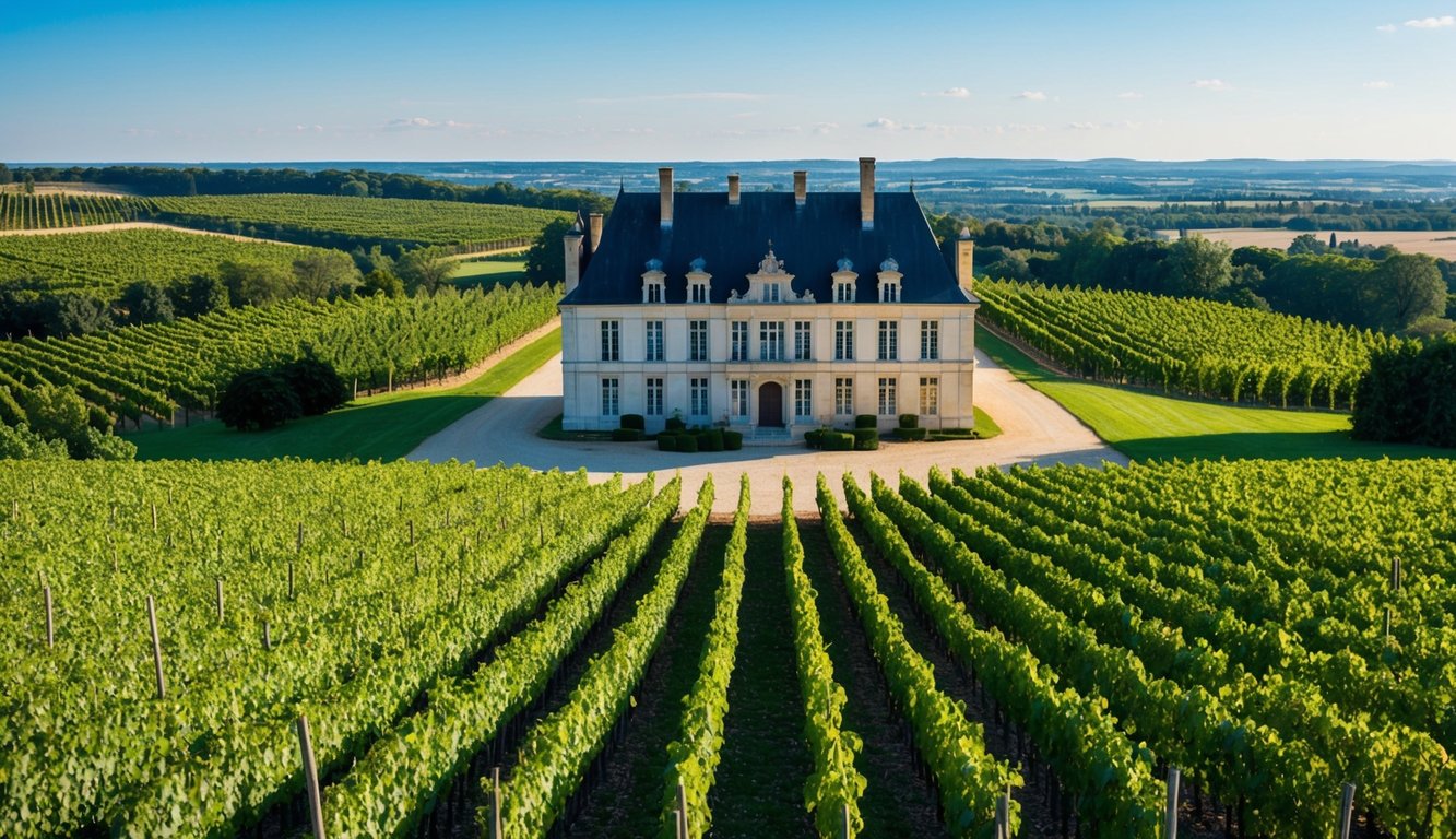 A grand chateau surrounded by lush vineyards, with rows of grapevines stretching into the distance under a clear blue sky