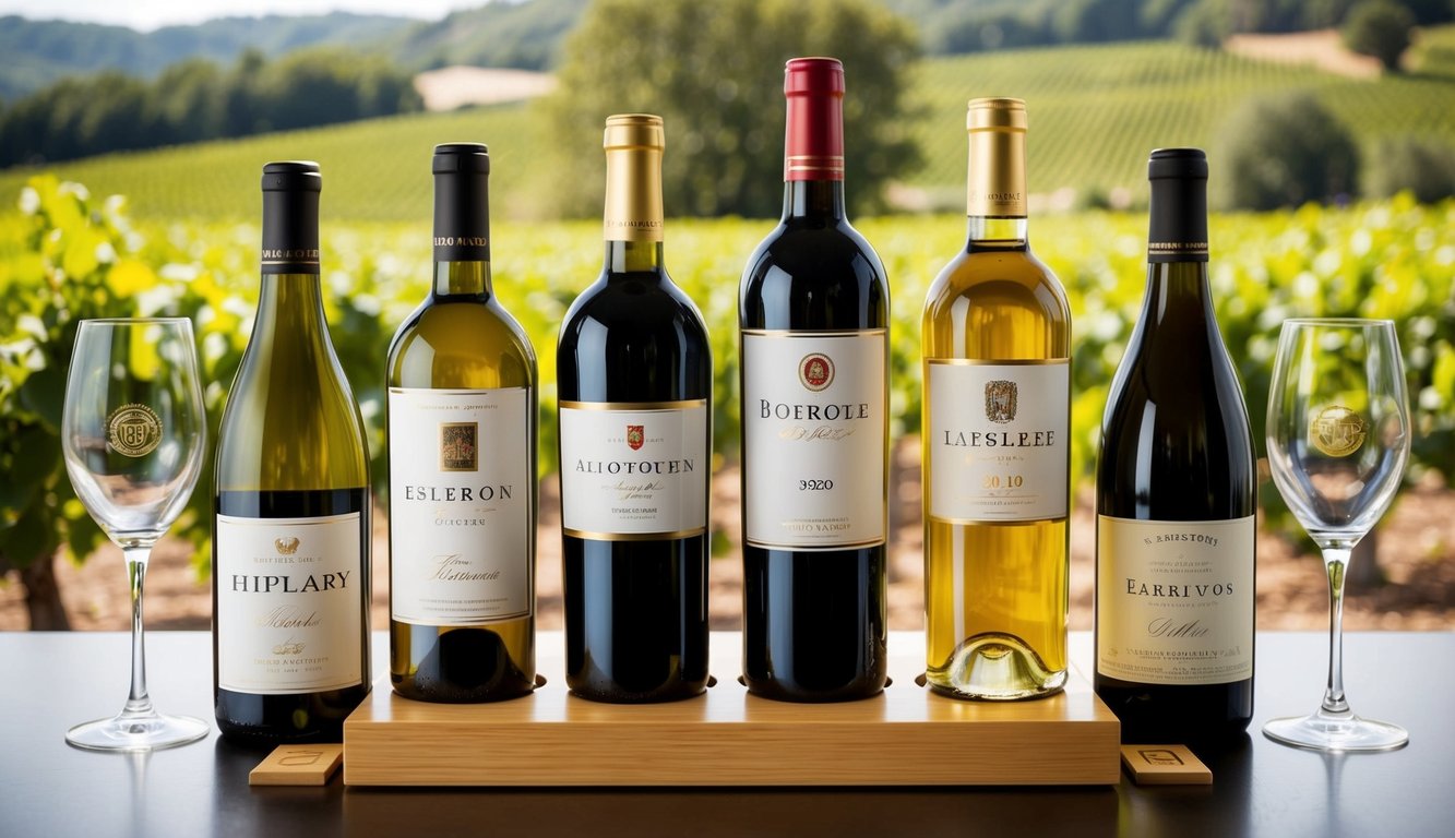 A wine display featuring the top 5 brands, each with prominent labels, surrounded by elegant glassware and lush vineyard scenery