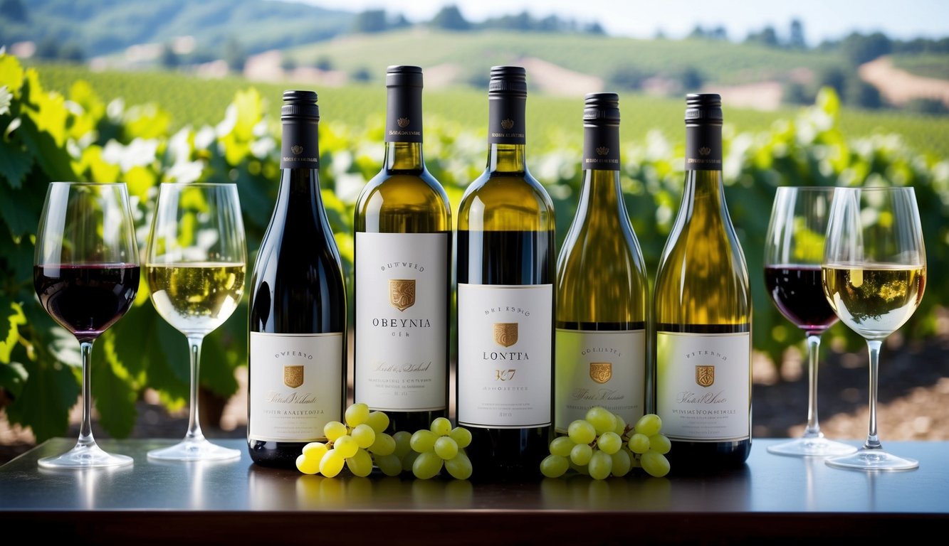 A display of five wine bottles with prominent branding, surrounded by elegant wine glasses and lush vineyard scenery