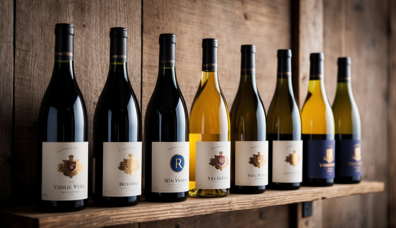 A row of seven iconic wine bottles displayed on a rustic wooden shelf, each labeled with the distinctive logo of a renowned winery