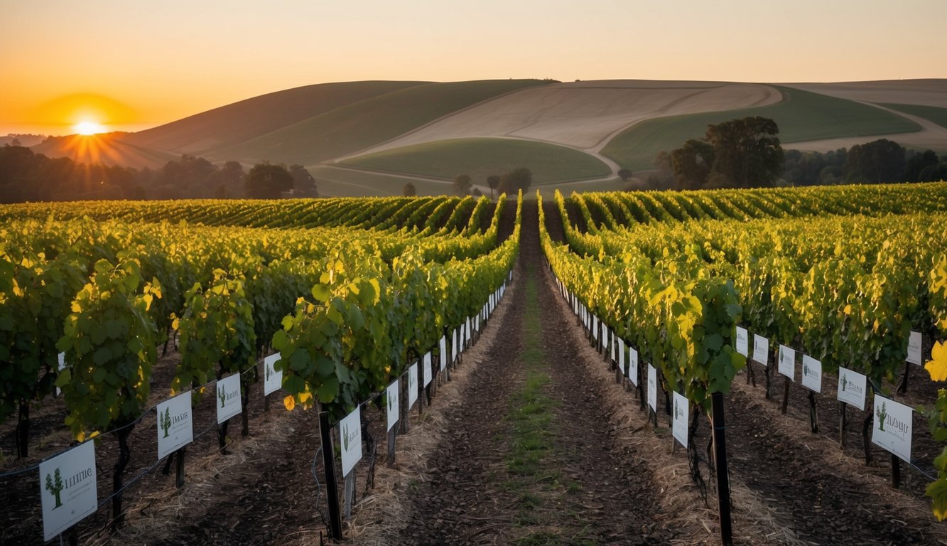 A vineyard with rows of grapevines stretching into the distance, each labeled with the name of a famous wine brand. The sun sets behind the rolling hills in the background