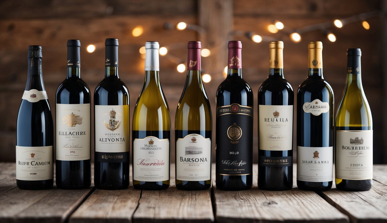 A row of seven iconic wine bottles displayed on a rustic wooden table, each representing a different famous wine brand