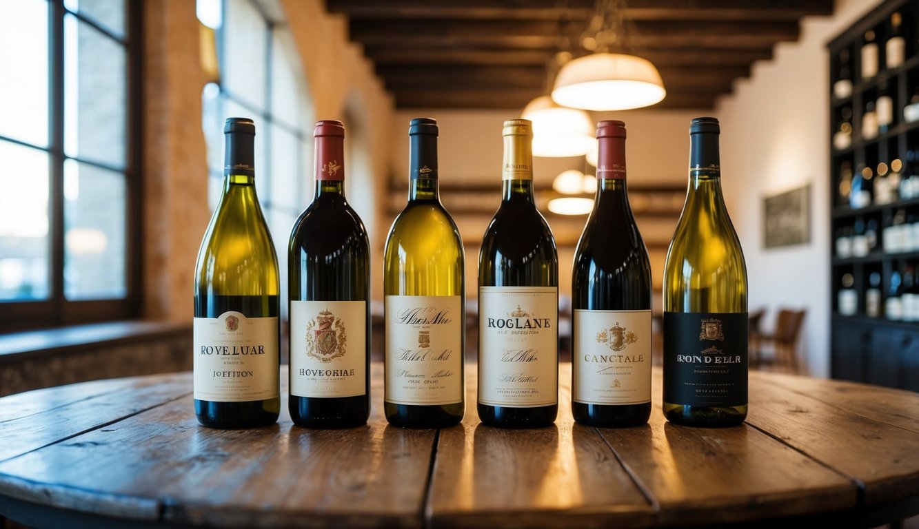 A row of seven iconic wine bottles, each with a distinct label, displayed on a rustic wooden table