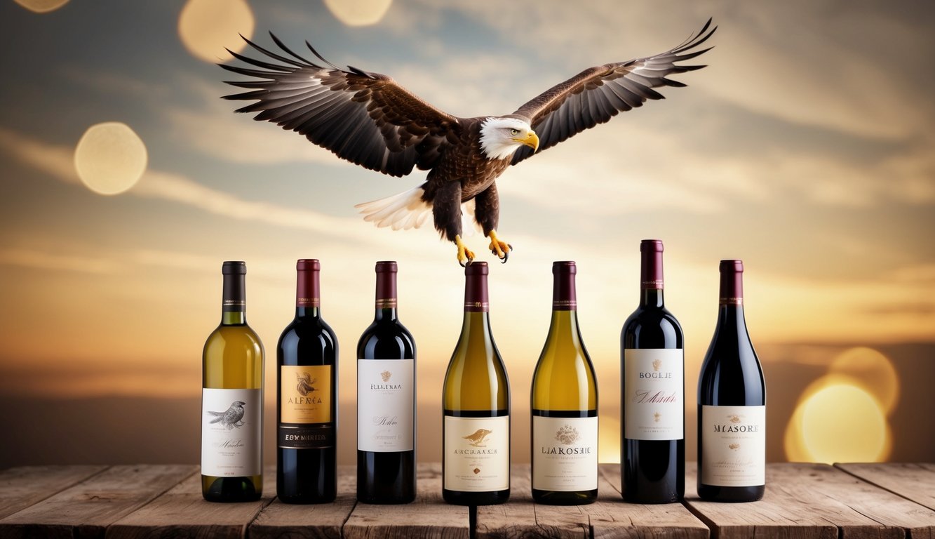 A majestic eagle soaring above seven iconic wine bottles displayed on a rustic wooden table