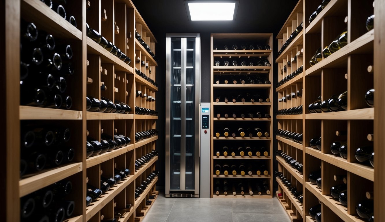 A dimly lit cellar with rows of wooden wine racks, each holding bottles of various shapes and sizes. A temperature and humidity control system is visible in the background