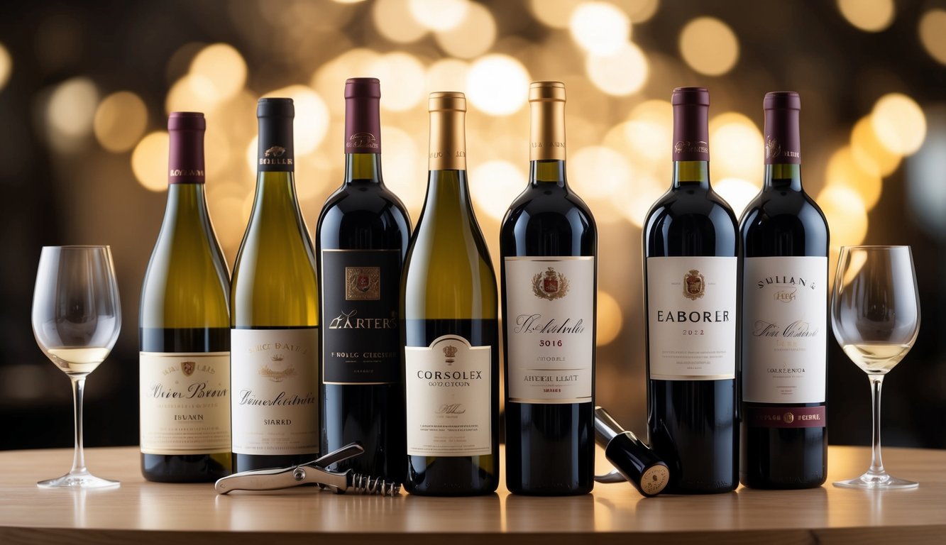 A table with seven bottles of wine, each labeled with a different famous brand, surrounded by elegant wine glasses and a corkscrew