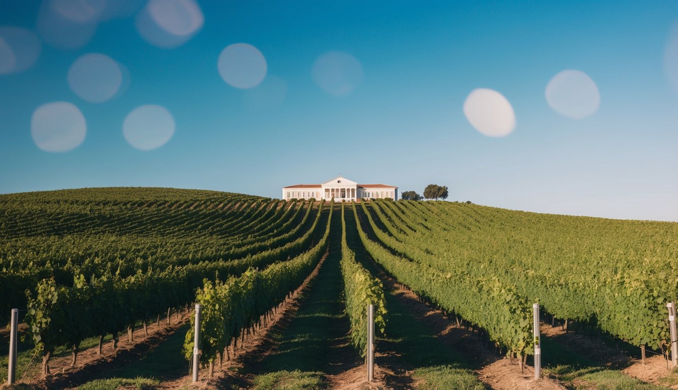 A vineyard with rows of grapevines stretching across rolling hills under a bright blue sky, with a grand winery in the background