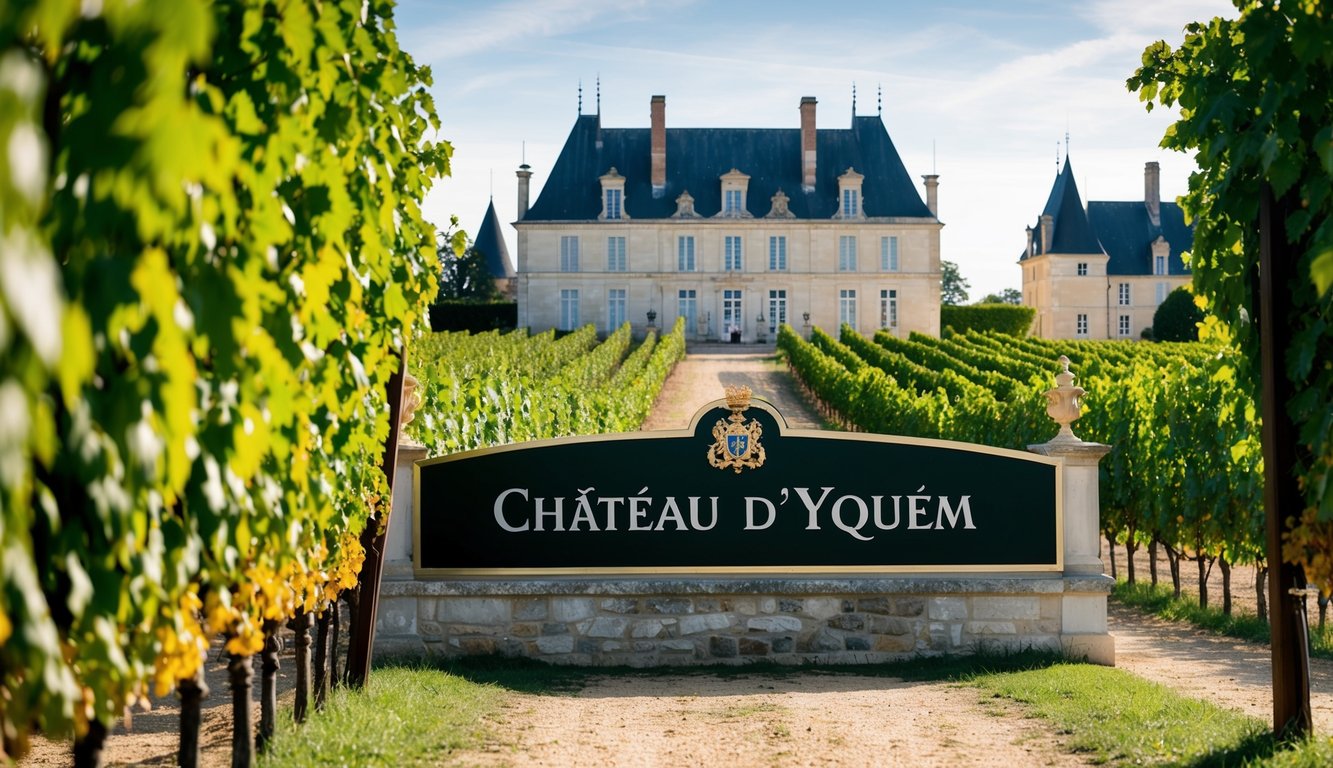 A grand château surrounded by vineyards, with a prominent sign displaying the name "Château d'Yquem" and a sense of elegance and prestige