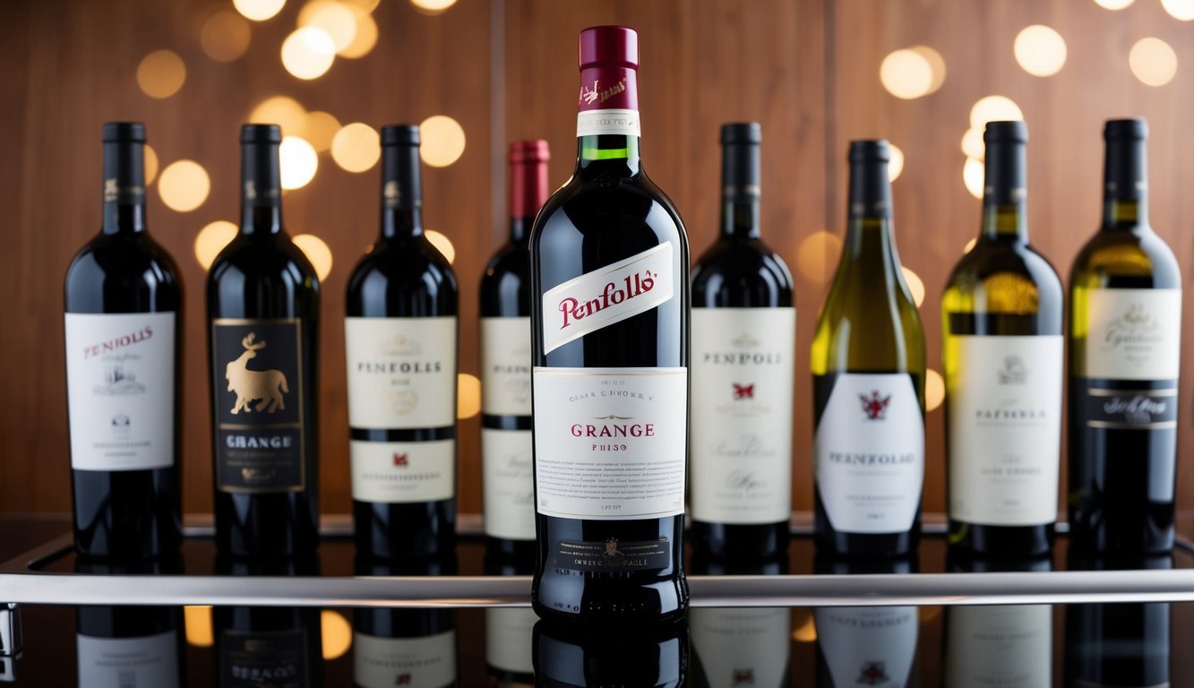 A bottle of Penfolds Grange surrounded by other popular wine brands on a sleek, modern wine rack