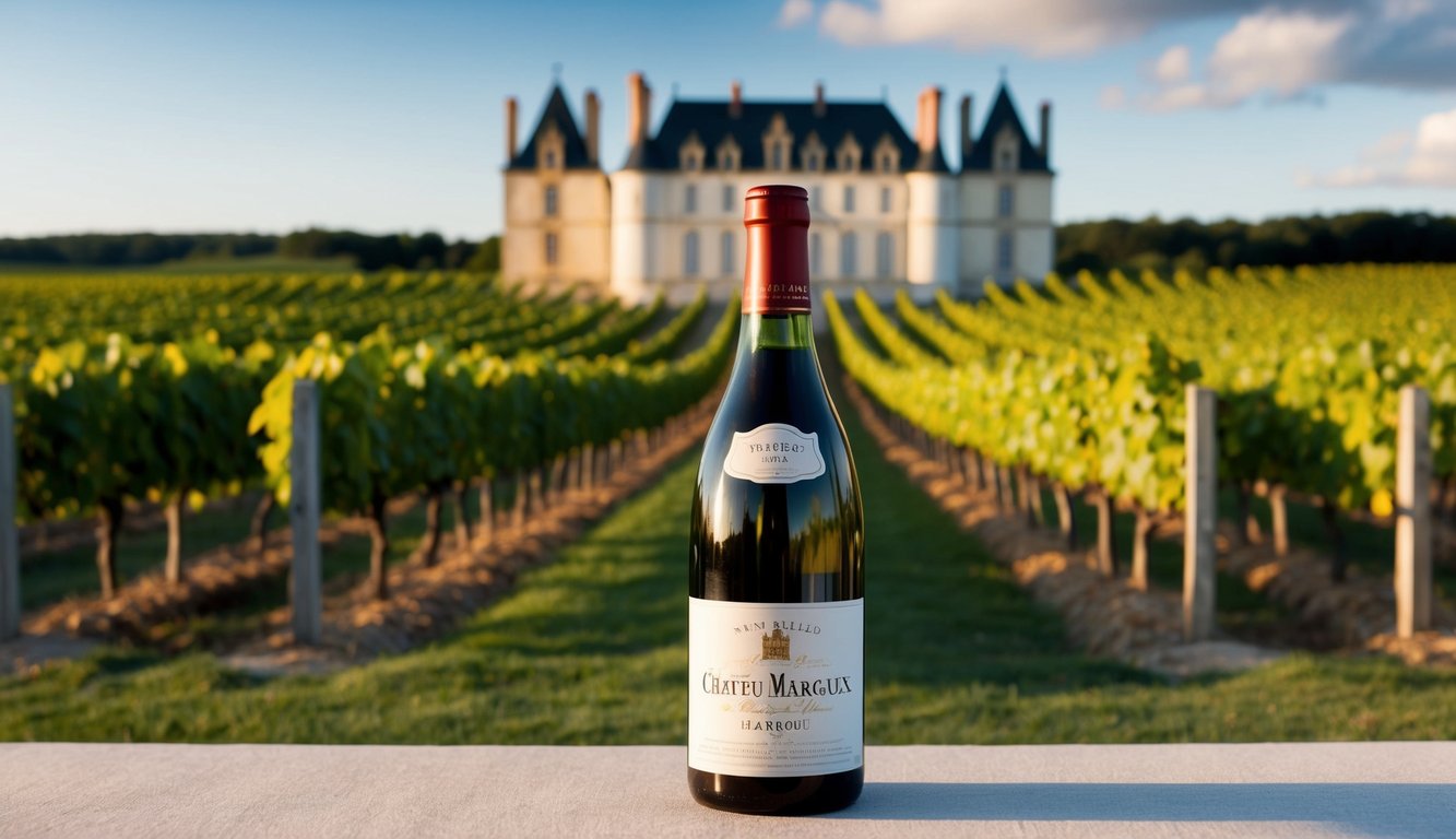 A grand château surrounded by vineyards, with a bottle of Château Margaux displayed prominently in the foreground