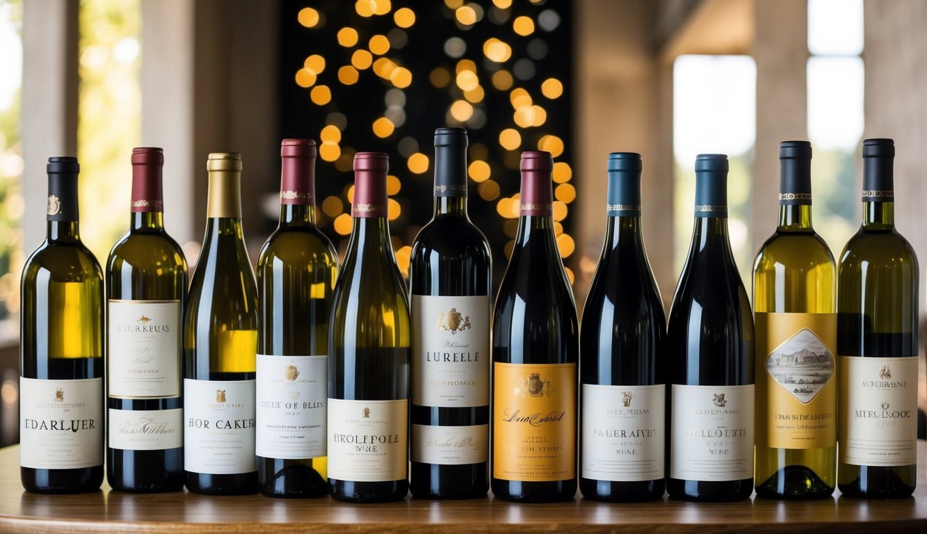 A display of ten popular wine bottles arranged on a wooden table with elegant labels and varying colors