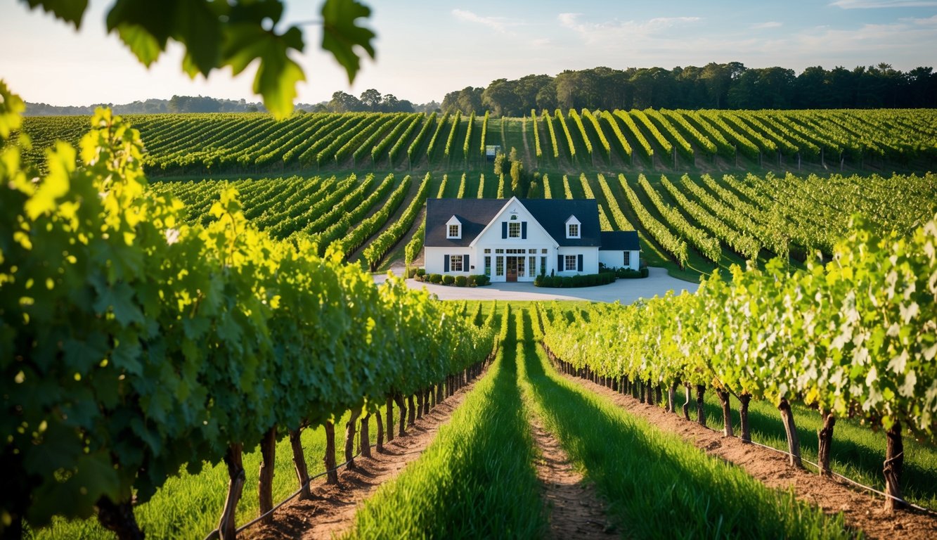 A lush vineyard with rows of grapevines stretching into the distance, a charming winery building nestled among the greenery