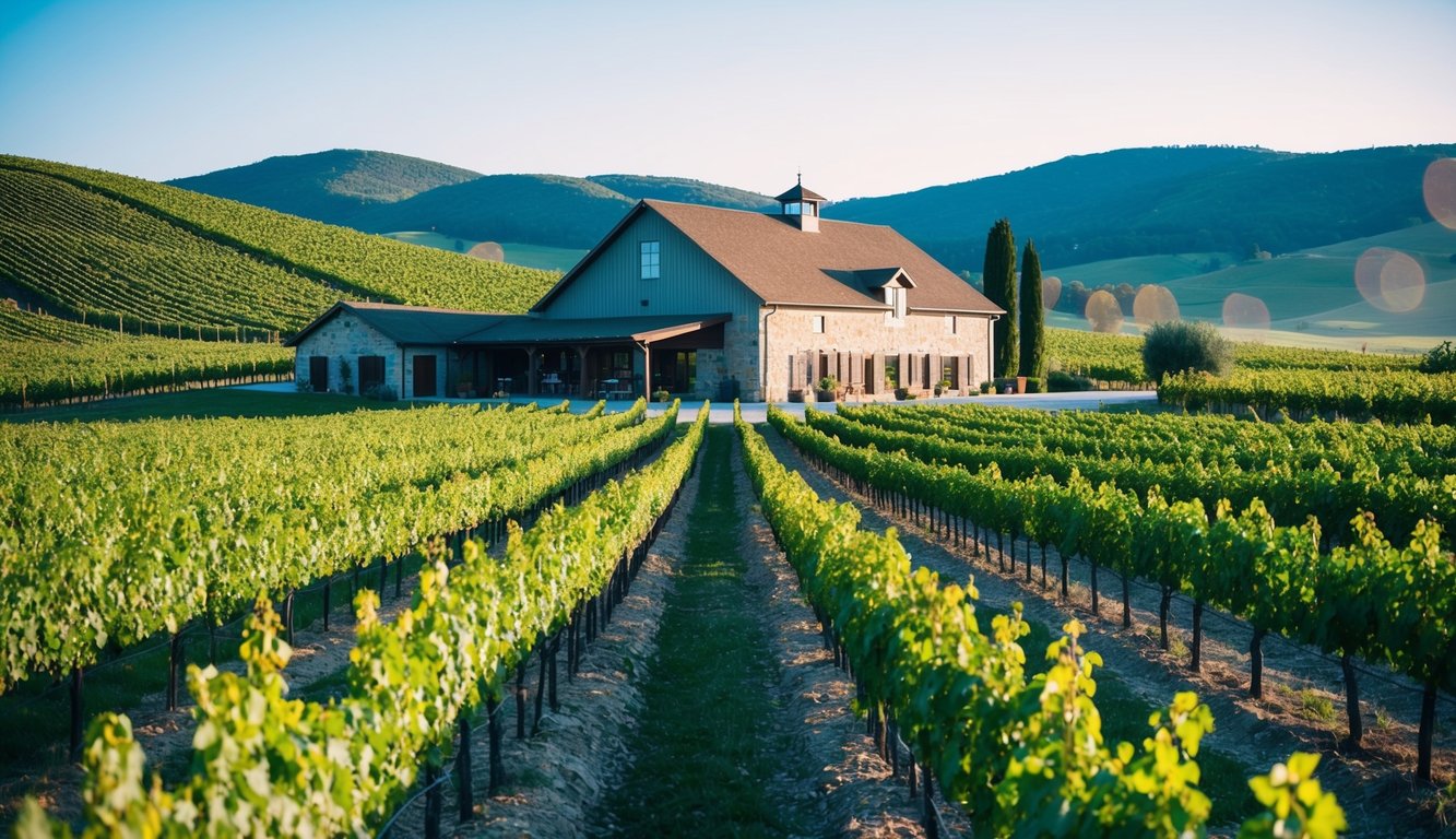 A vineyard with rows of grapevines leading to a rustic winery, surrounded by rolling hills and a clear blue sky