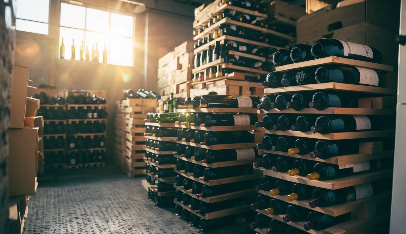 A cluttered storage area with wine bottles stacked haphazardly, exposed to direct sunlight and fluctuating temperatures