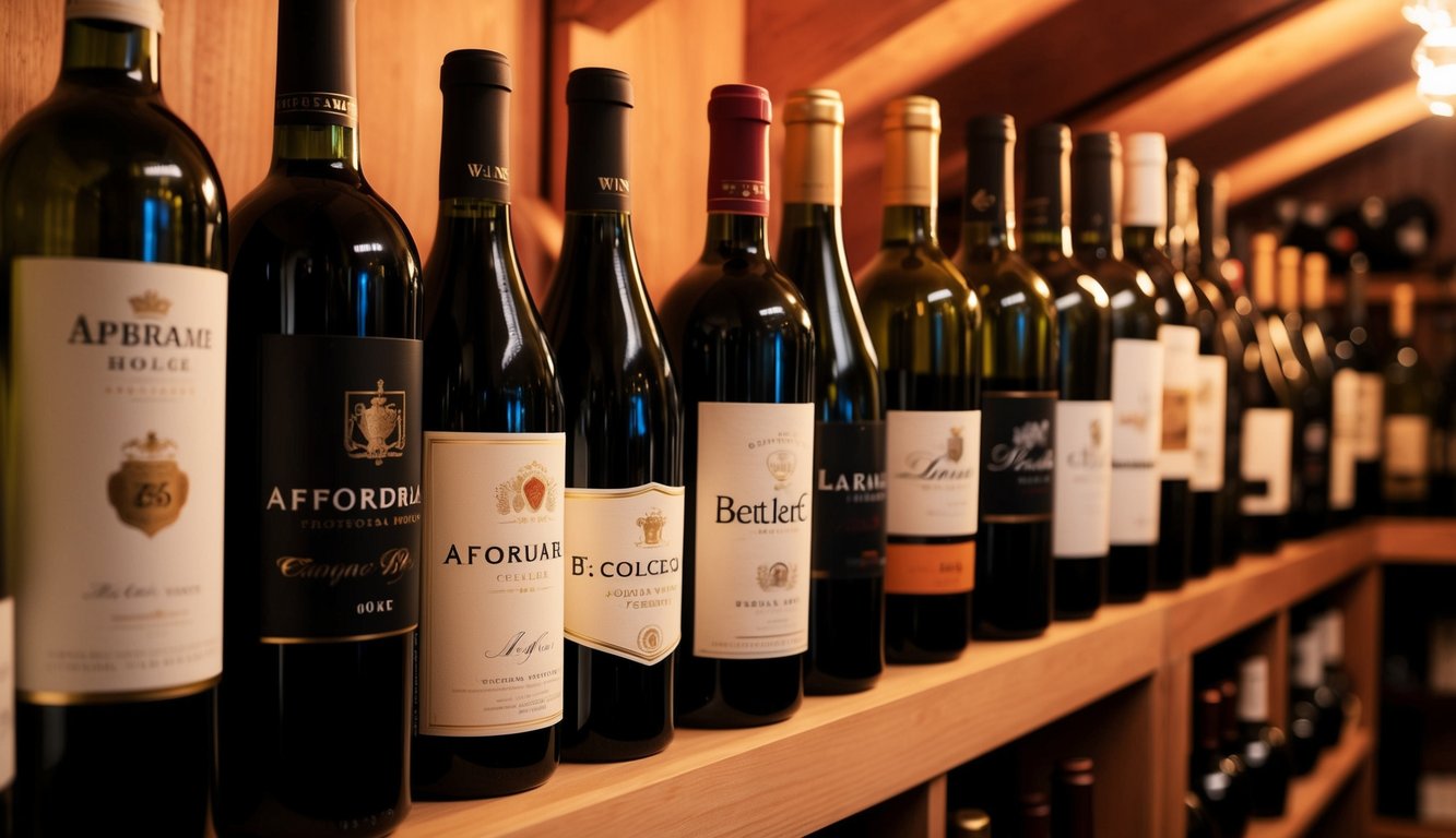 A cozy wine cellar with rows of affordable wine bottles, each labeled with a different brand. The warm lighting highlights the rich colors of the various bottles