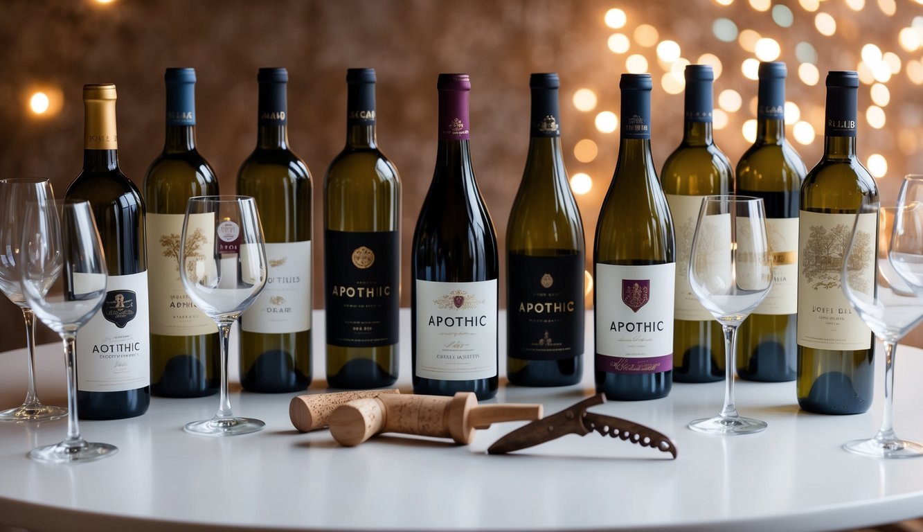 A table with 10 bottles of Apothic wine, each with unique labels, surrounded by elegant wine glasses and a rustic corkscrew