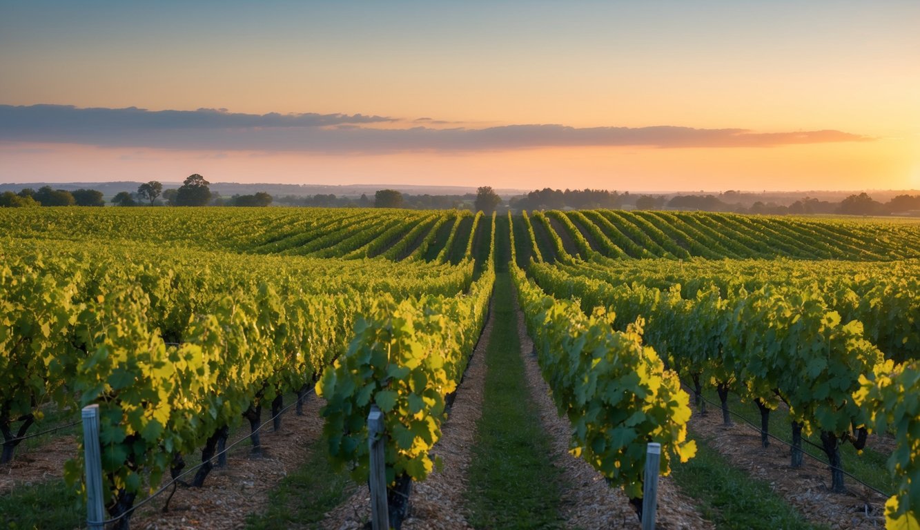 A lush vineyard with rows of grapevines stretching into the distance, a warm sunset casting a golden glow over the landscape