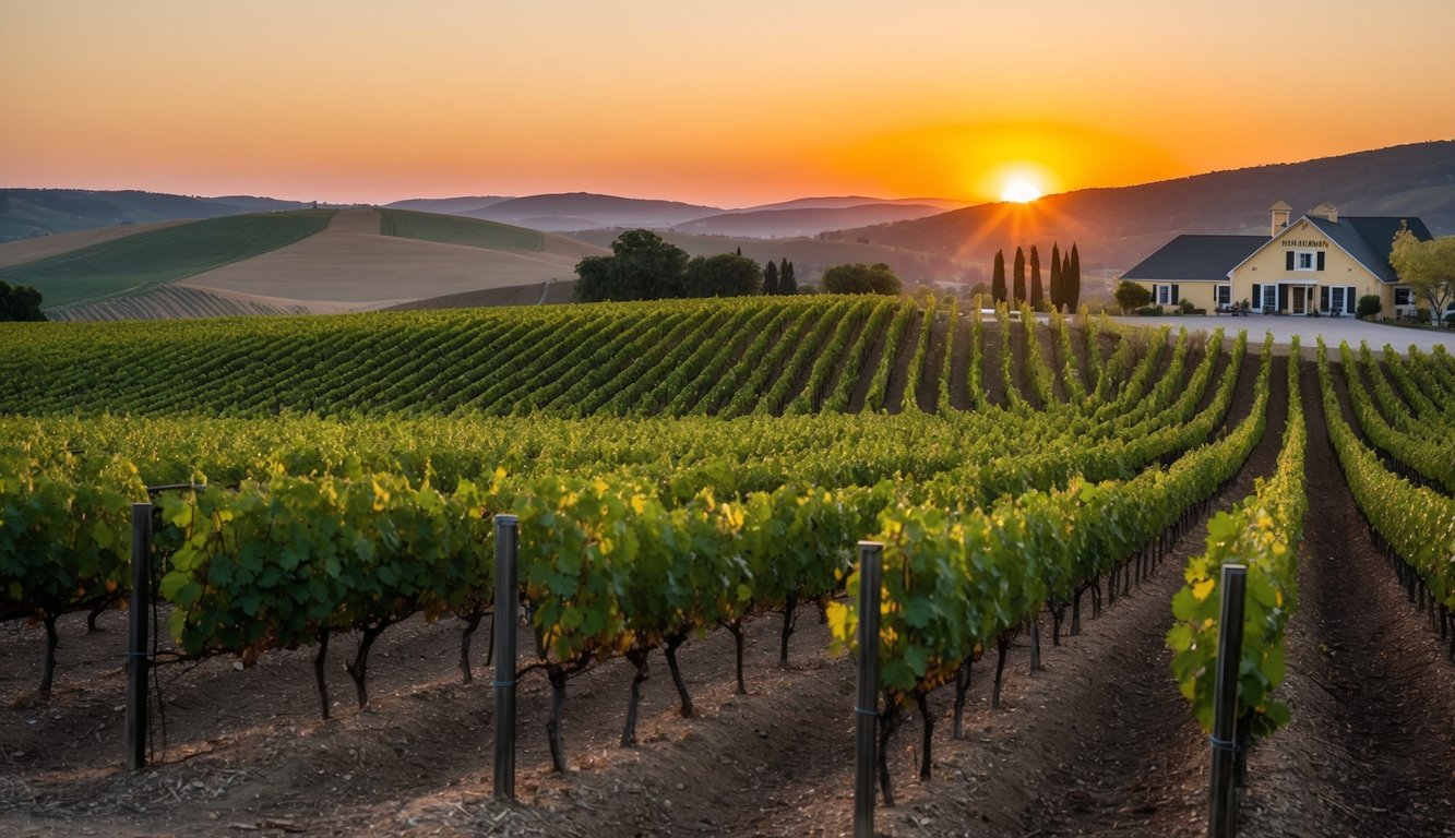 A rustic vineyard with rows of grapevines stretching into the distance, the sun setting behind the rolling hills, and a quaint winery in the background