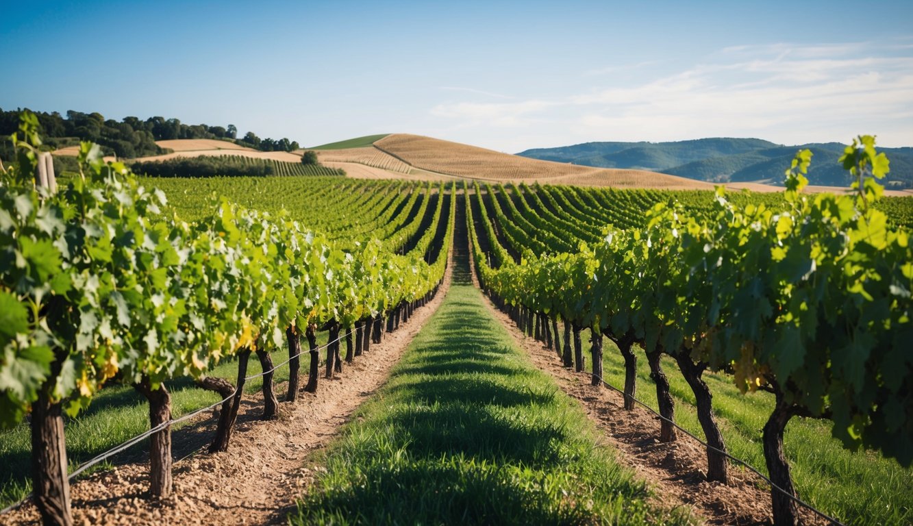 A rustic vineyard with rows of lush grapevines stretching into the distance, framed by rolling hills and a clear blue sky