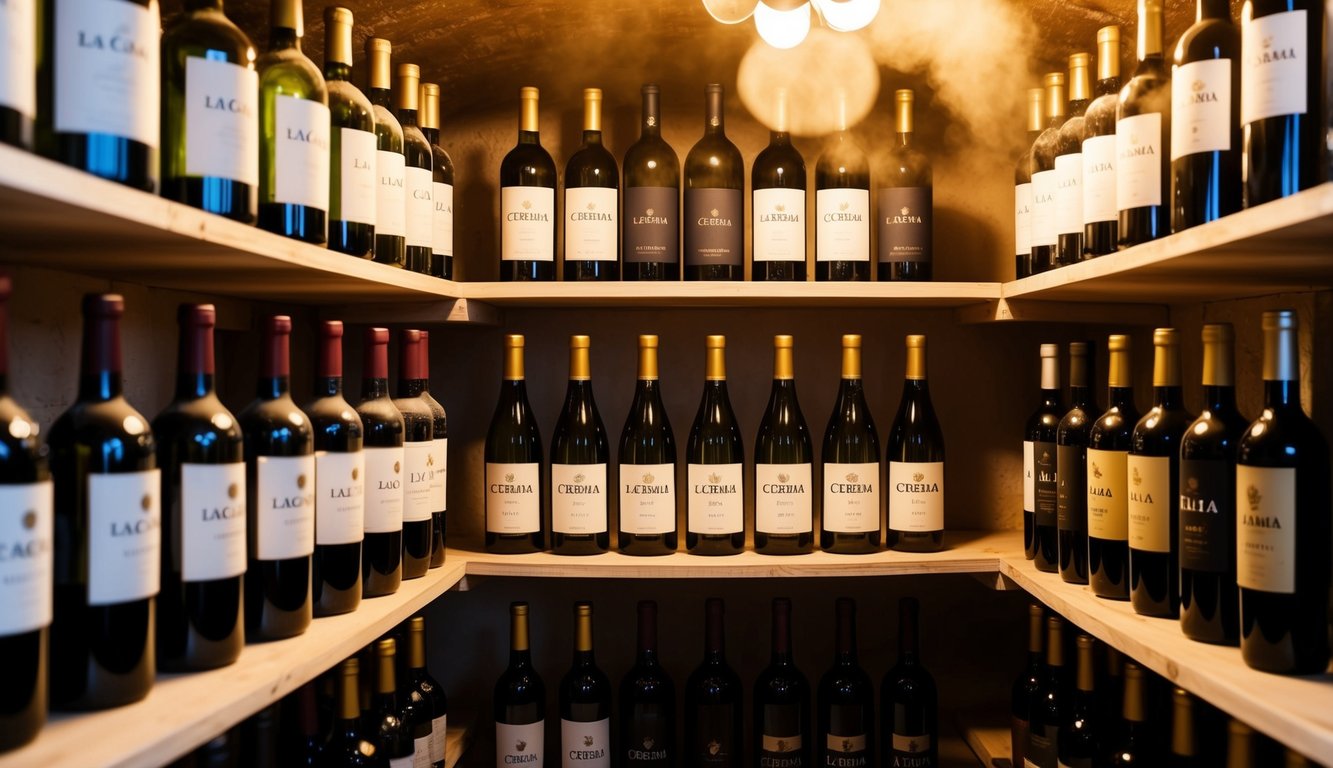 A cozy wine cellar with shelves lined with bottles of La Crema and other affordable wine brands, illuminated by soft golden light filtering through the dusty air