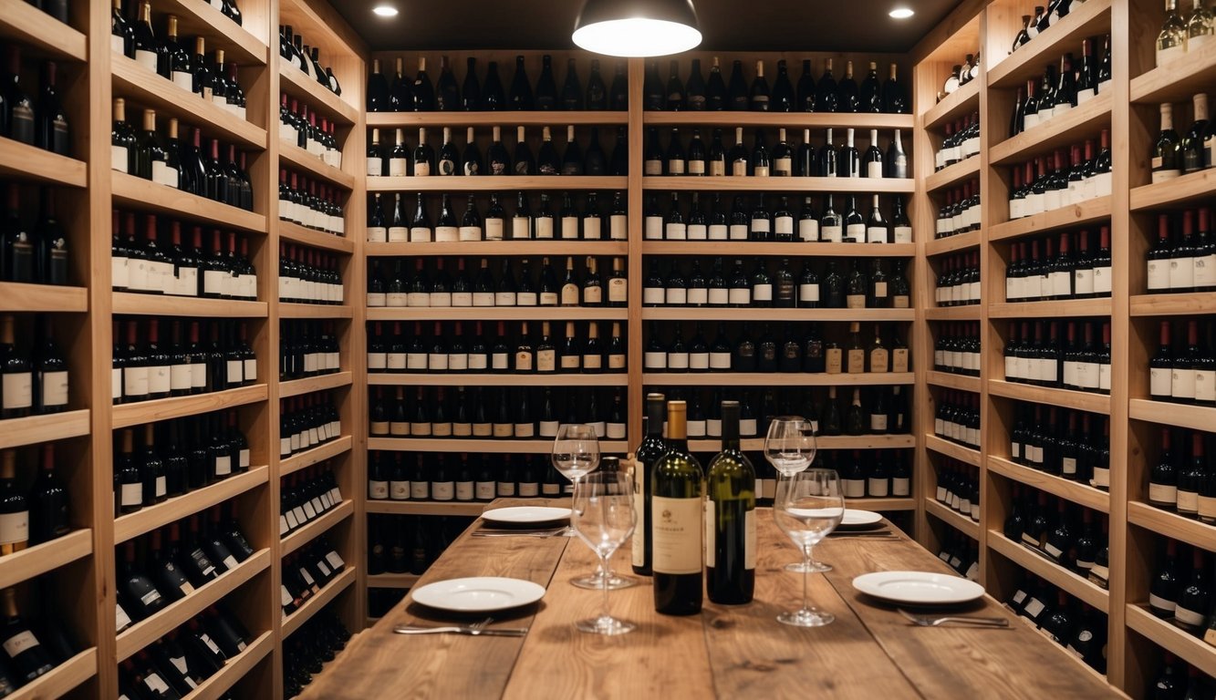 A cozy wine cellar with rows of neatly organized wine bottles, soft lighting, and a rustic wooden tasting table set with glasses and a few open bottles