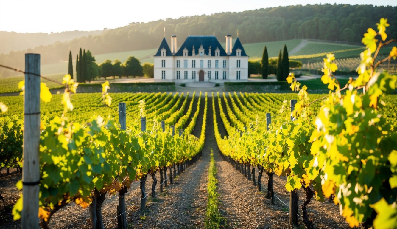 A picturesque vineyard with rolling hills, rows of grapevines, and a grand chateau in the background. Sunlight filters through the leaves, creating a warm and inviting atmosphere