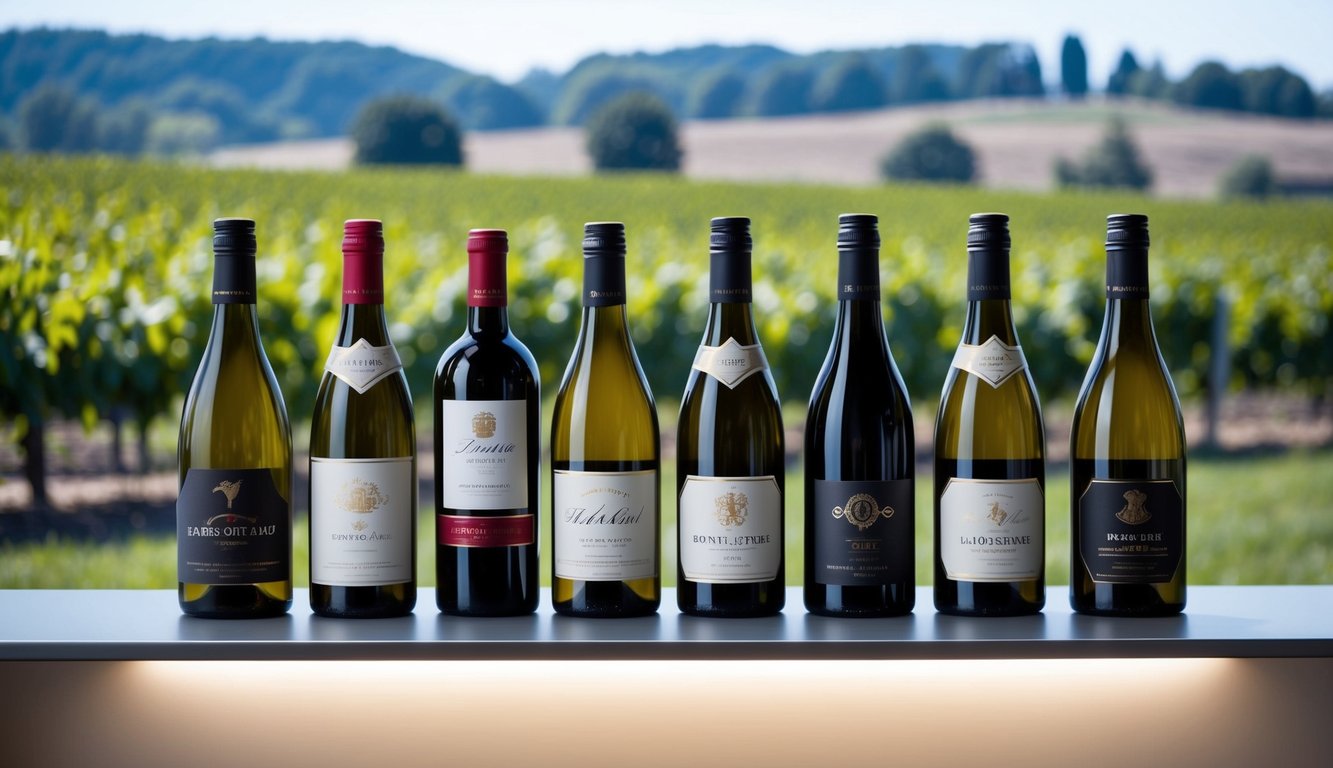 A display of 10 wine bottles with distinct labels, arranged on a sleek, modern shelf with soft lighting and a backdrop of vineyard scenery