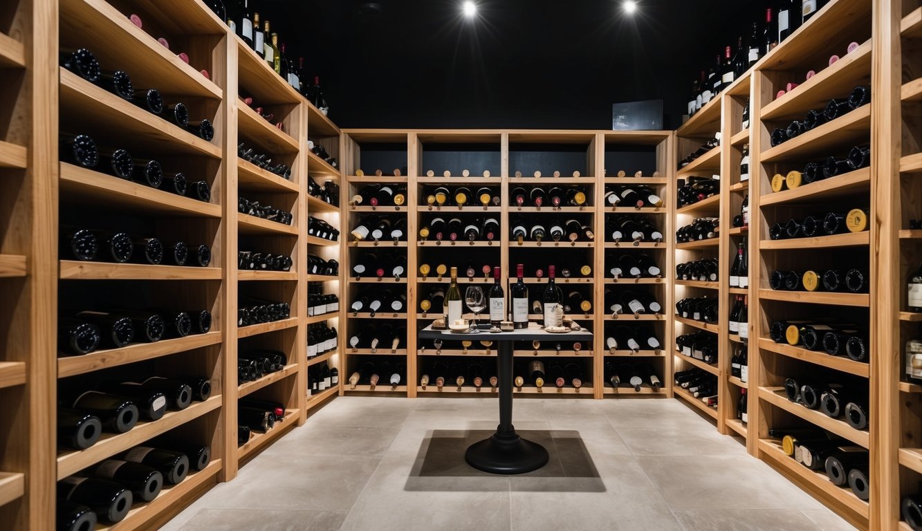 A dimly lit cellar with rows of wooden wine racks, each filled with bottles of various vintages. A small table holds an assortment of wine accessories