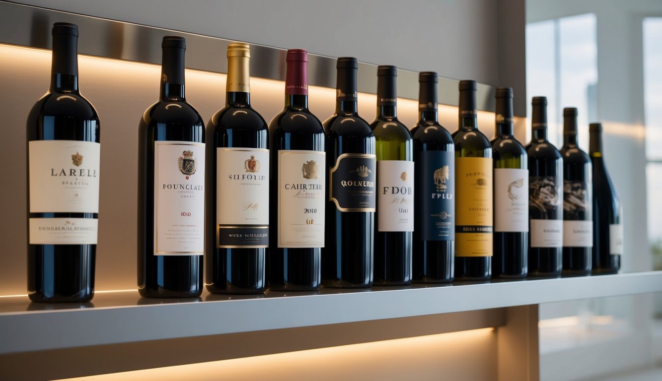 A display of 10 wine bottles with various labels, arranged on a sleek, modern shelf with soft lighting