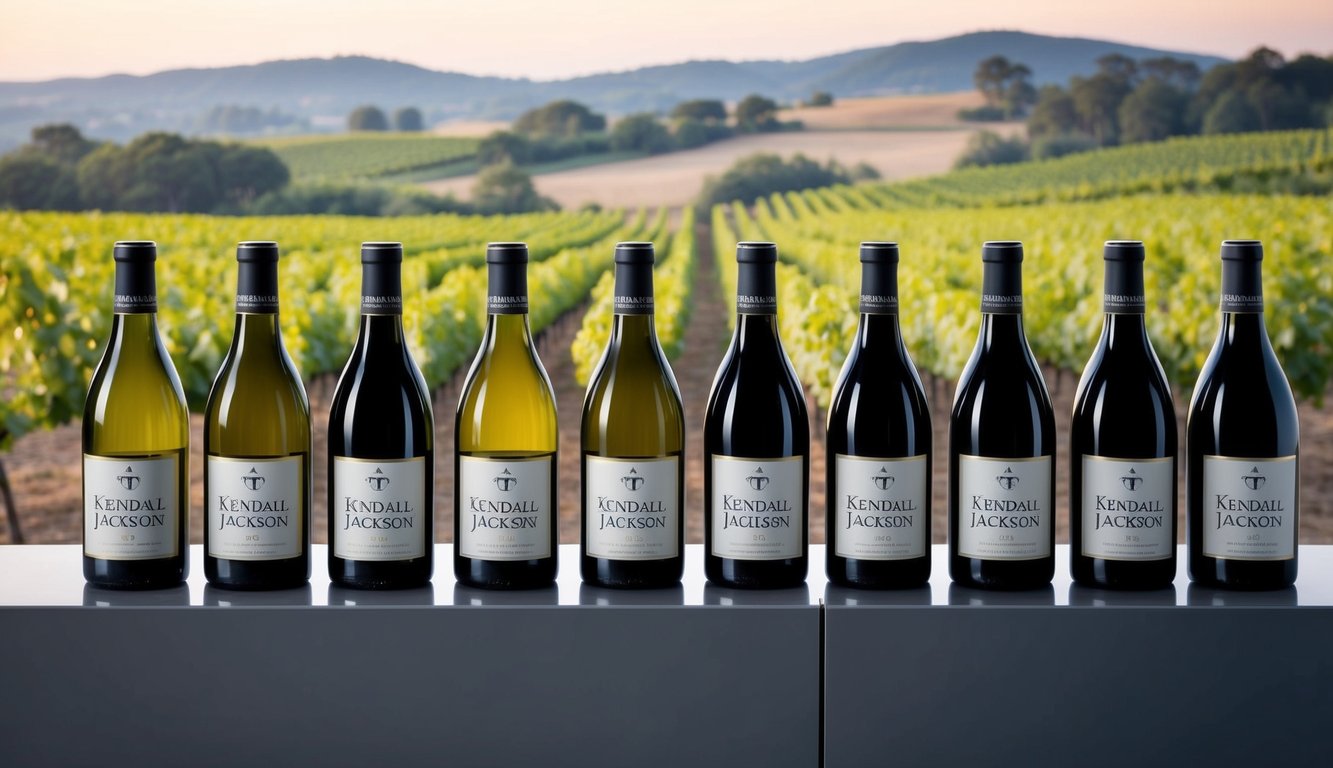 A display of ten wine bottles with the Kendall-Jackson logo, arranged on a sleek, modern shelf against a backdrop of vineyards and rolling hills