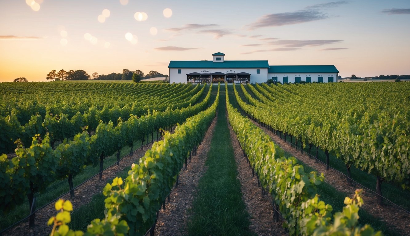 A vineyard with rows of grapevines stretching into the distance, a winery building in the background, and bottles of wine on display