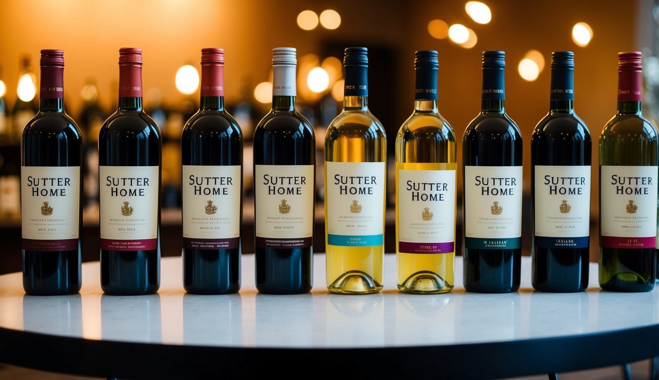 A table showcasing 10 bottles of Sutter Home wine, each with a different label and color, arranged in a visually appealing manner