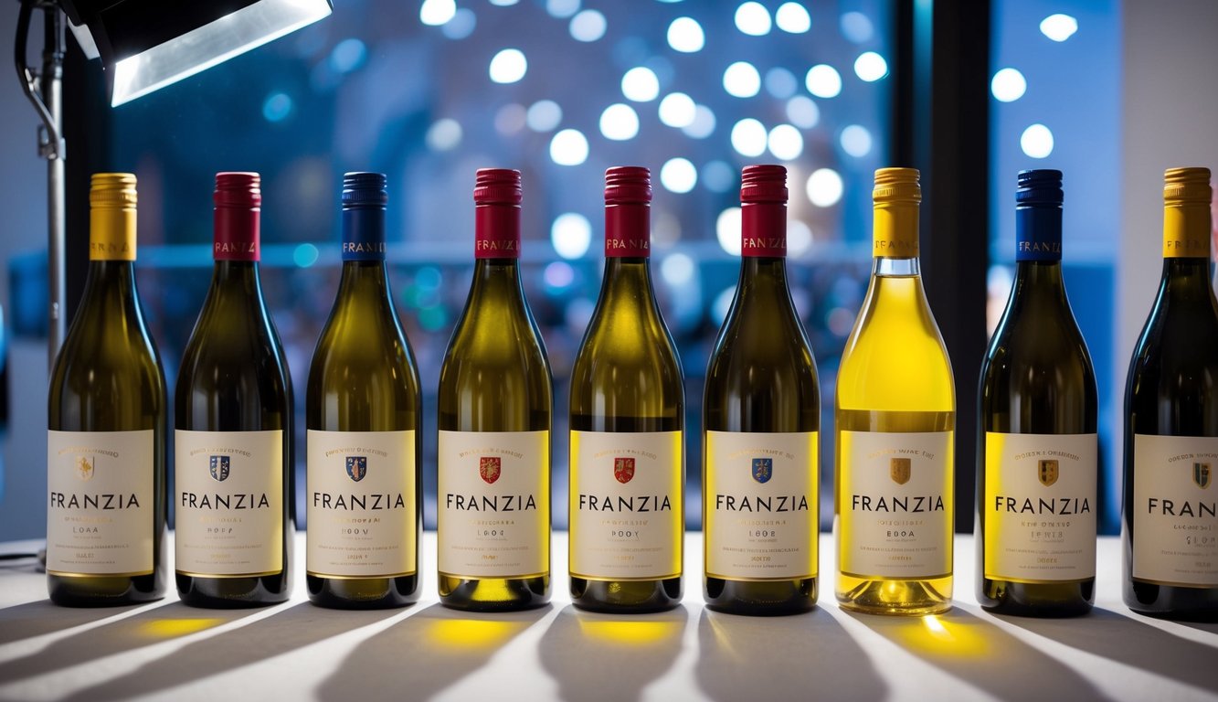 A table with 10 bottles of Franzia wine arranged in a row, each with a different label and color. A spotlight shines on the display