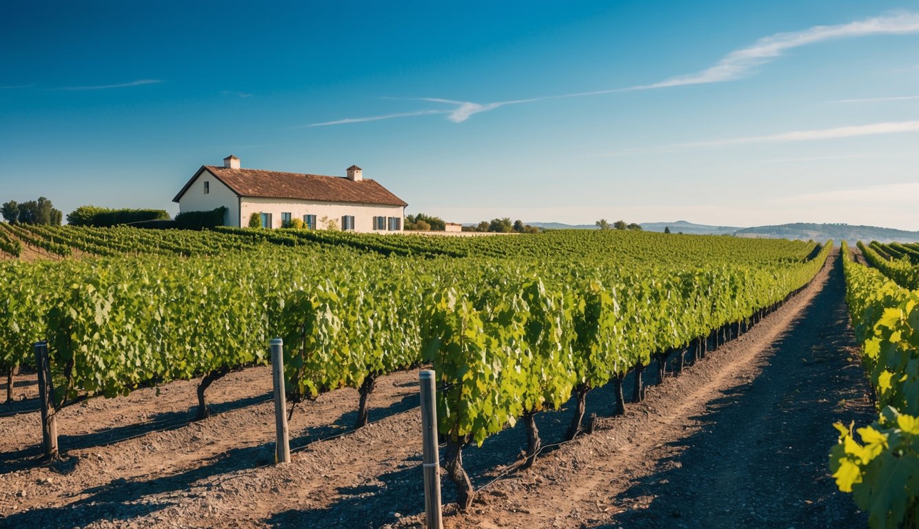 A rustic vineyard with rows of grapevines stretching into the distance, a quaint winery building in the background, and a clear blue sky overhead