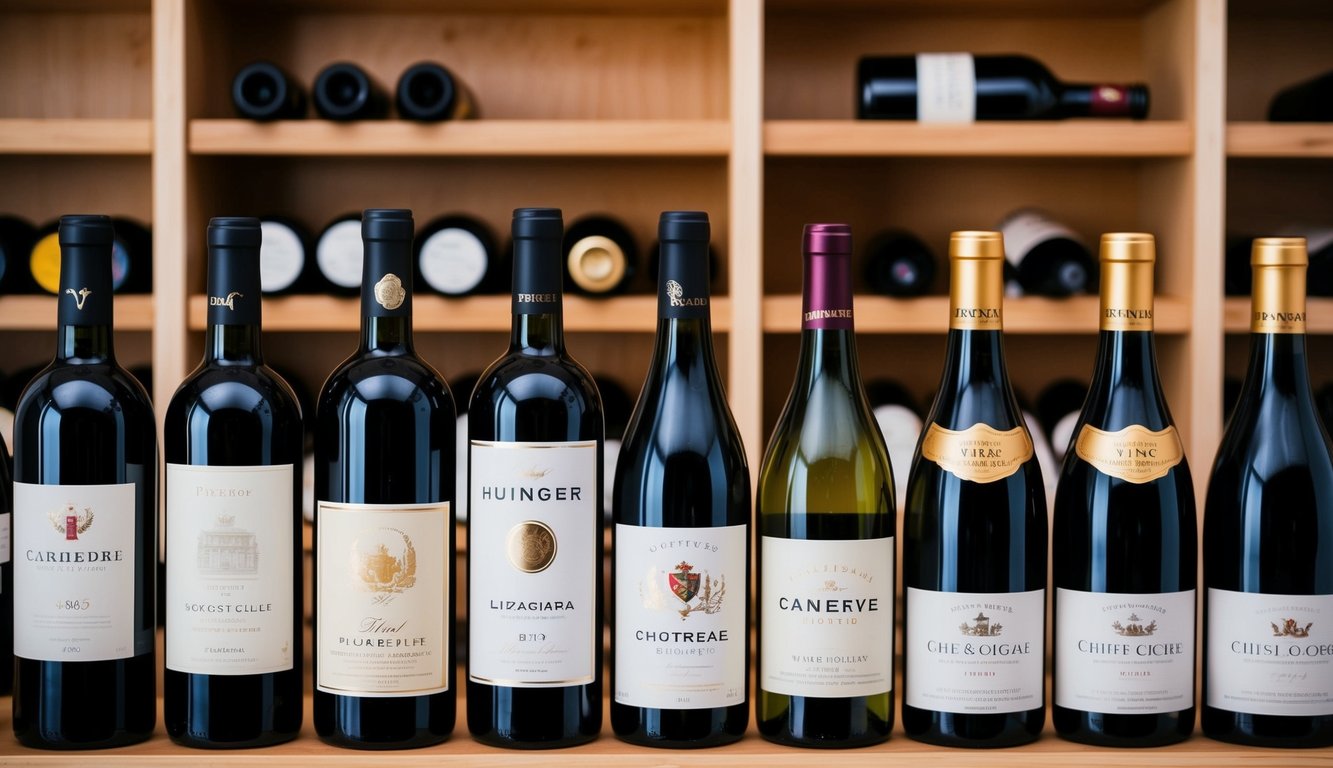 A shelf displaying 10 different wine bottles, each with unique labels and branding, arranged in a neat row with varying colors and designs