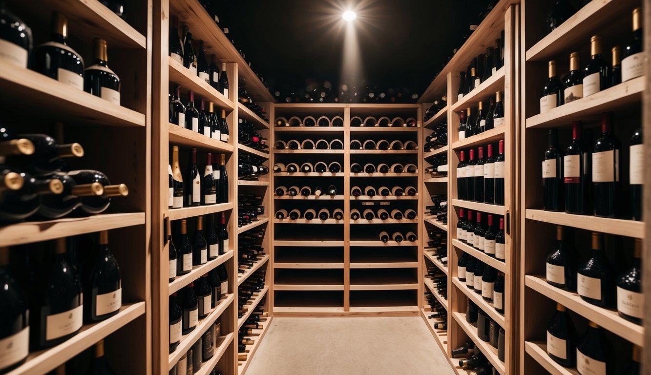 A dimly lit wine cellar with rows of wooden wine racks filled with bottles of various shapes and sizes, some covered in dust, others neatly organized