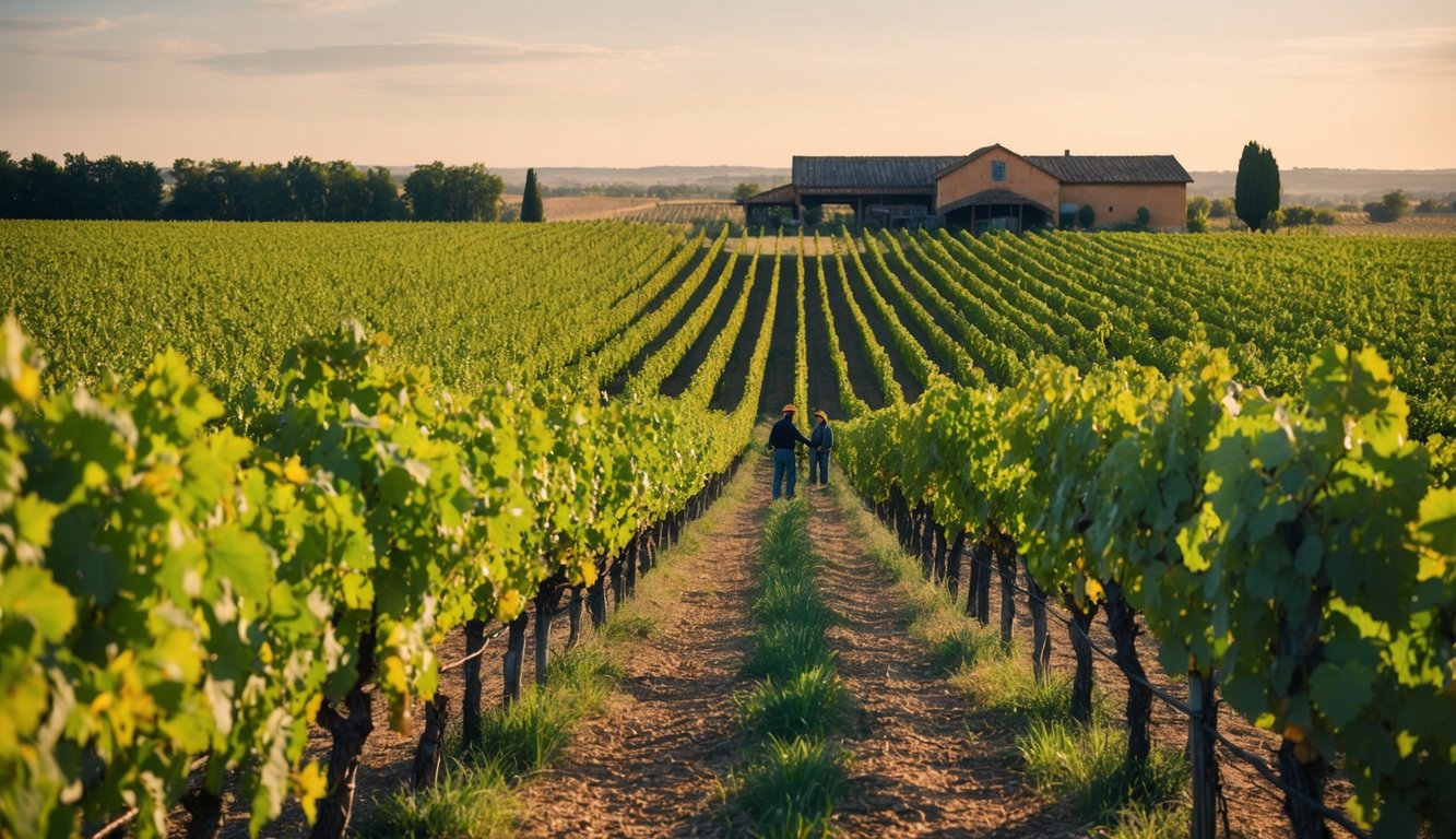 A vineyard with rows of grapevines stretching into the distance, with a rustic winery in the background and workers tending to the vines