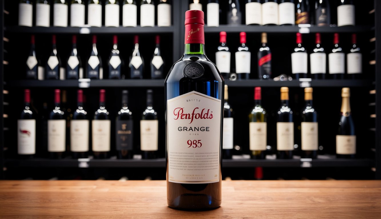 A luxurious bottle of Penfolds Grange Bin 95 2015 is displayed among other high-end wine brands in an upscale wine cellar