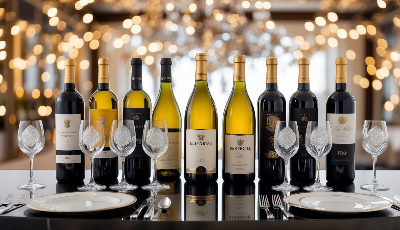 A luxurious table setting with seven elegant wine bottles and opulent wine glasses arranged in a sophisticated display