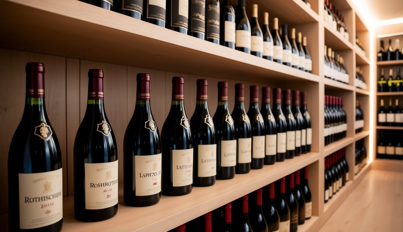 A luxurious wine cellar with rows of top-tier wine bottles, including Lafite Rothschild 2015, displayed on elegant wooden shelves with soft lighting