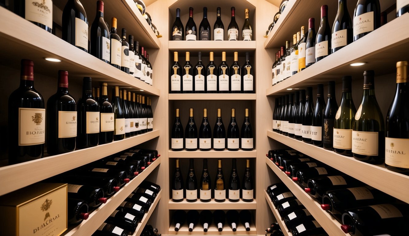 A luxurious wine cellar filled with top 7 high-end wine brands displayed on elegant racks and shelves, with soft lighting highlighting the labels and bottles