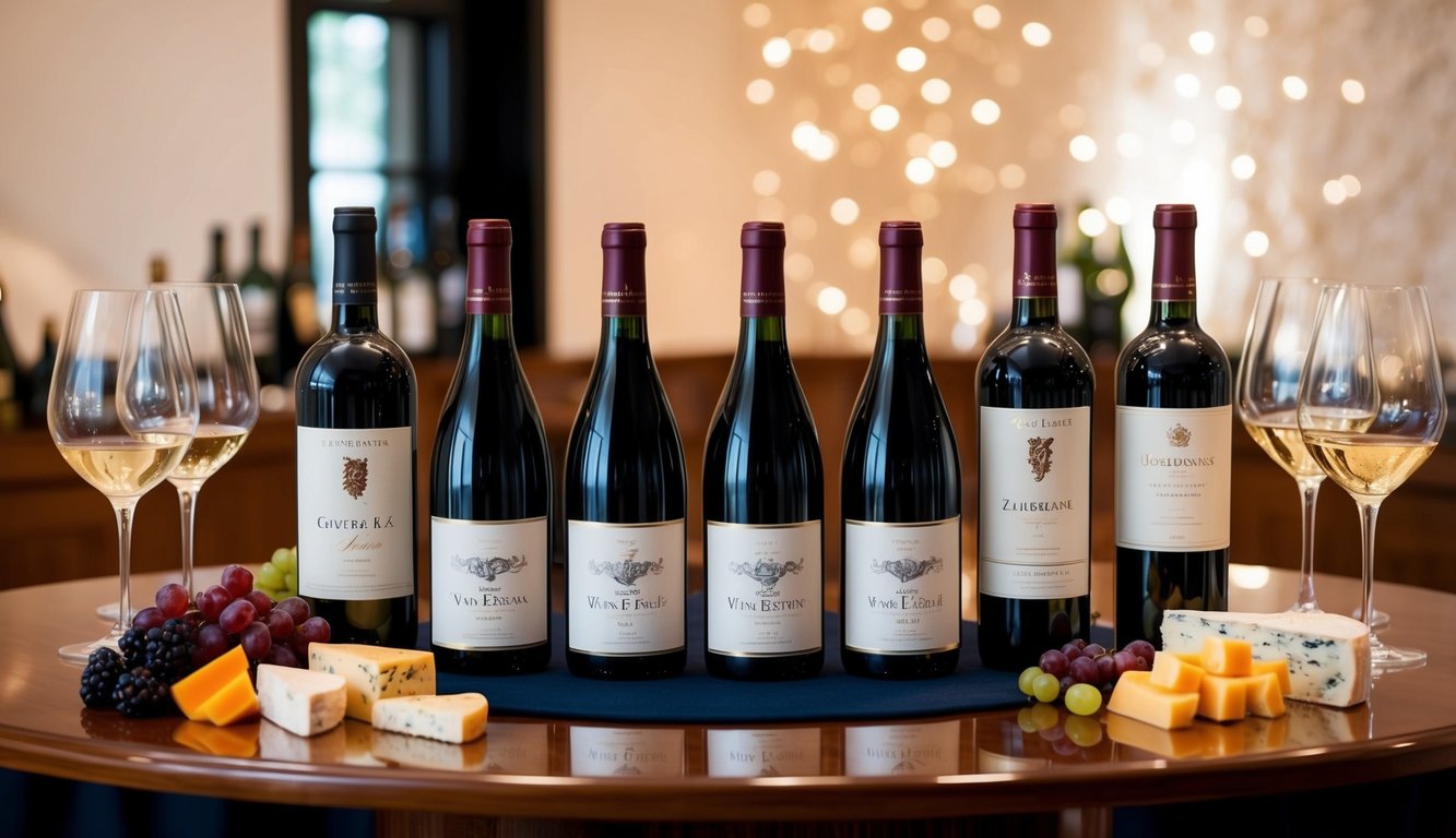 A luxurious wine tasting event with seven high-end wine bottles displayed on a polished wooden table, surrounded by elegant wine glasses and accompanied by an assortment of gourmet cheeses and fruits