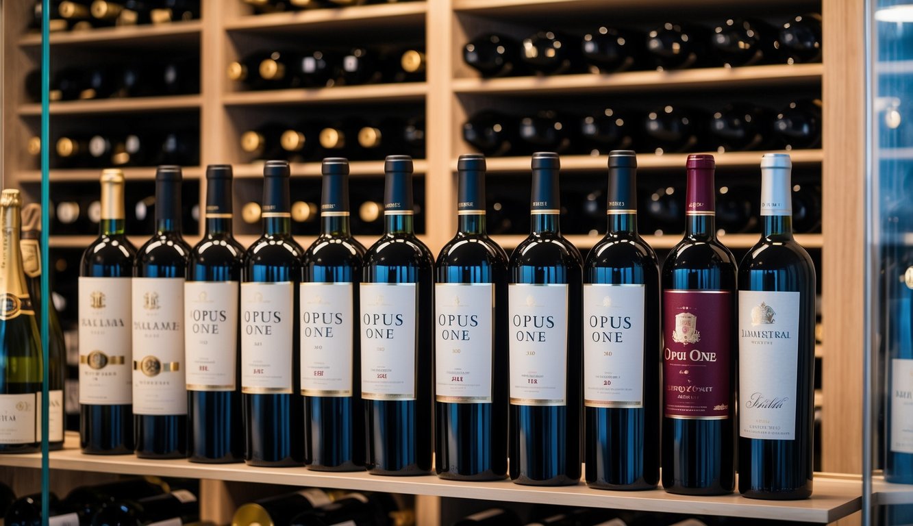 A luxurious wine cellar with rows of Opus One 2016 and other high-end wine brands displayed on elegant racks