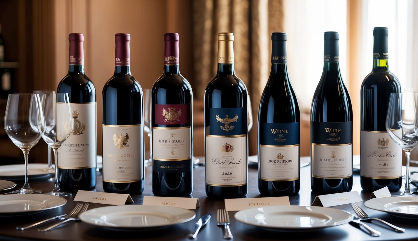 A grand table set with seven bottles of high-end wine, each with a distinct label and elegant packaging, surrounded by wine glasses and a sophisticated ambiance