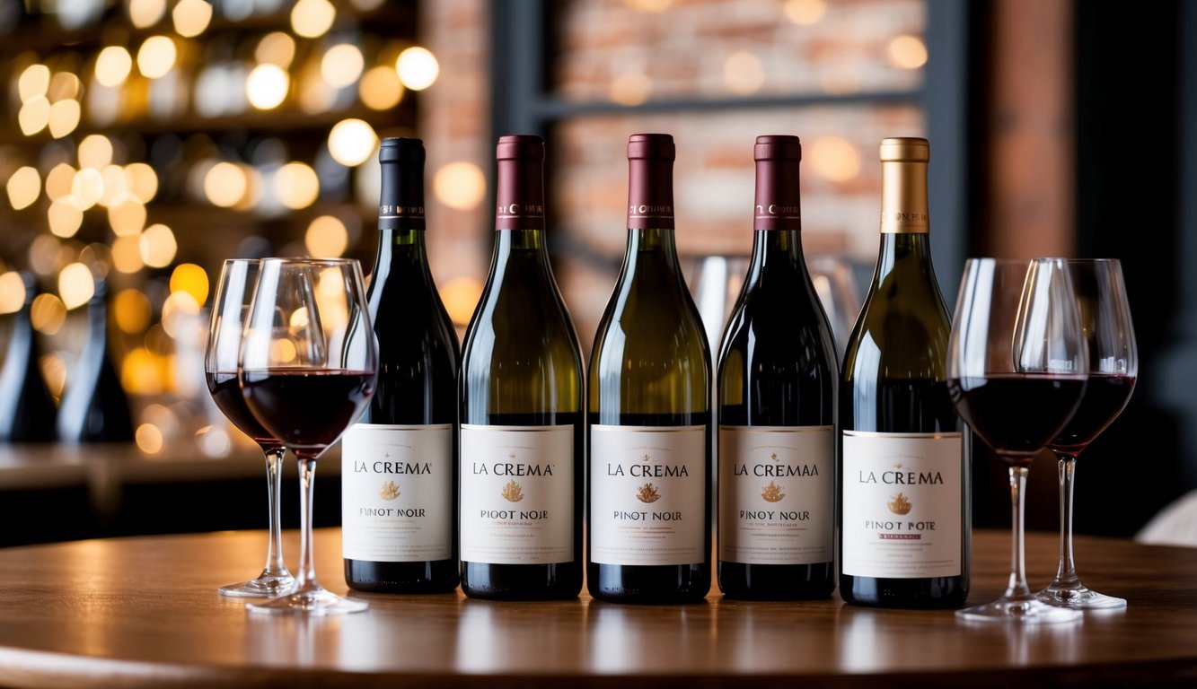 A cozy wine tasting set-up with five bottles of La Crema Pinot Noir and various wine glasses on a wooden table