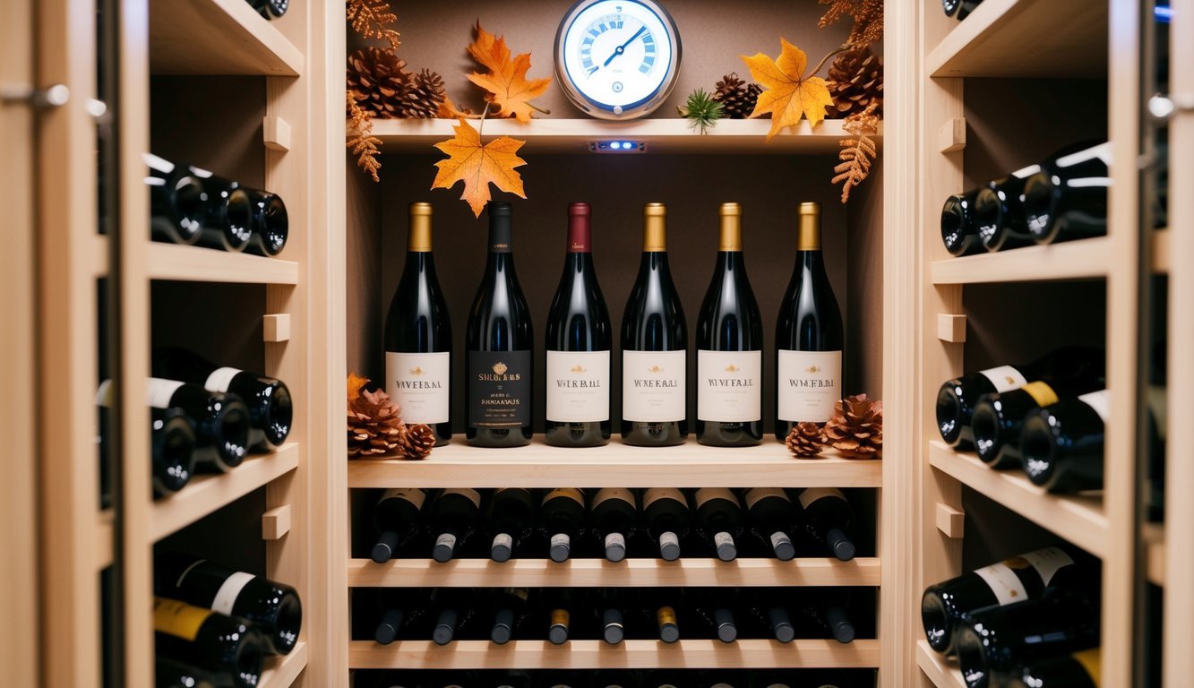 A wine cellar with temperature control and shelves of wine bottles, surrounded by seasonal decorations like autumn leaves or winter snowflakes