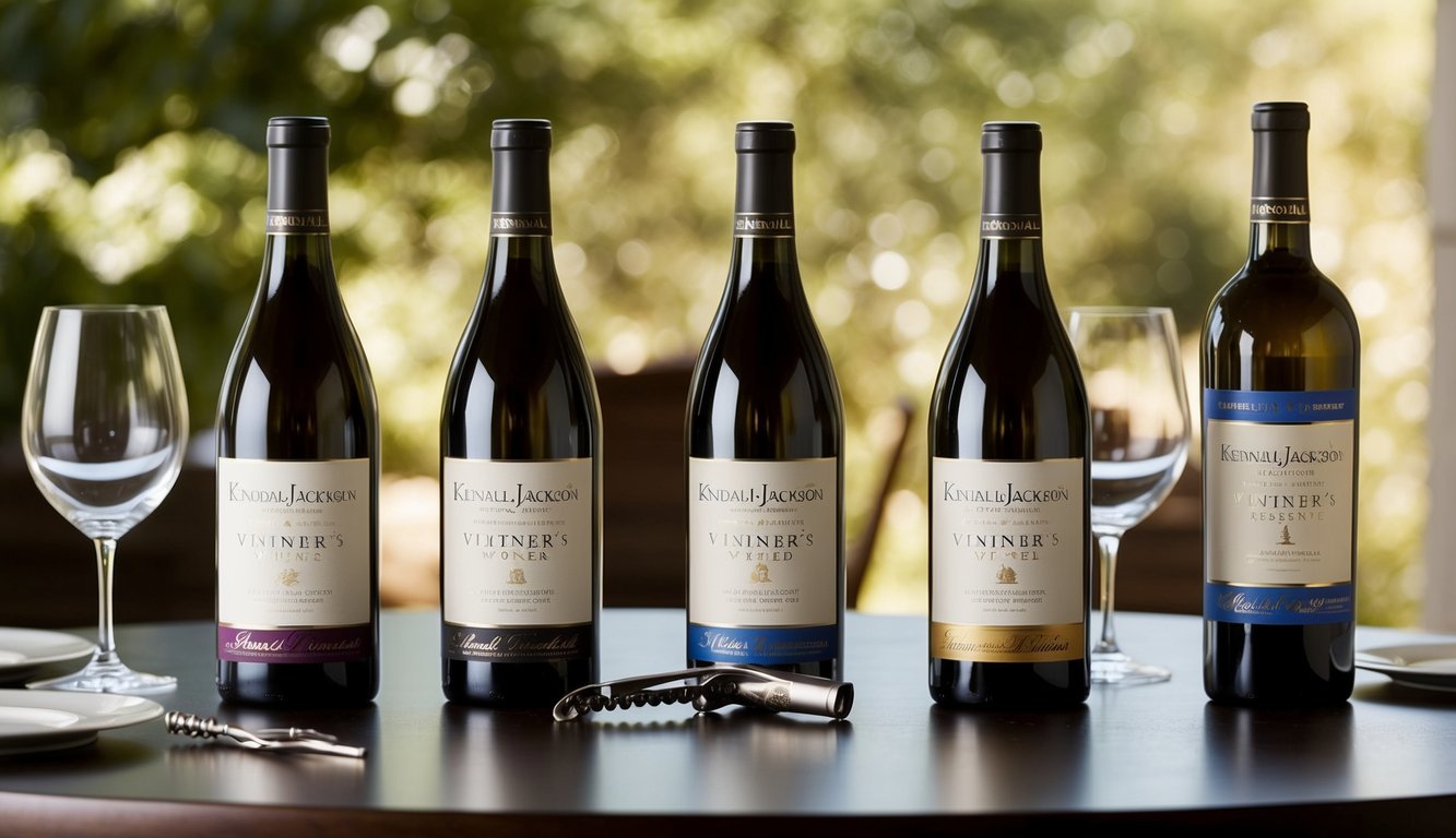 A table set with five bottles of Kendall-Jackson Vintner's Reserve wine, each with a different label, surrounded by wine glasses and a corkscrew