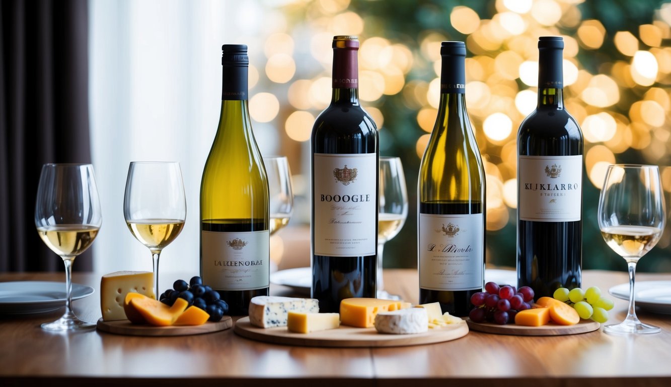 A table set with five wine bottles, each with a different label, surrounded by wine glasses and a variety of cheese and fruit